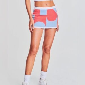 SER.O.YA Gretchen Terry Cloth Mini Pencil Skirt Light Blue Coral Block Pattern